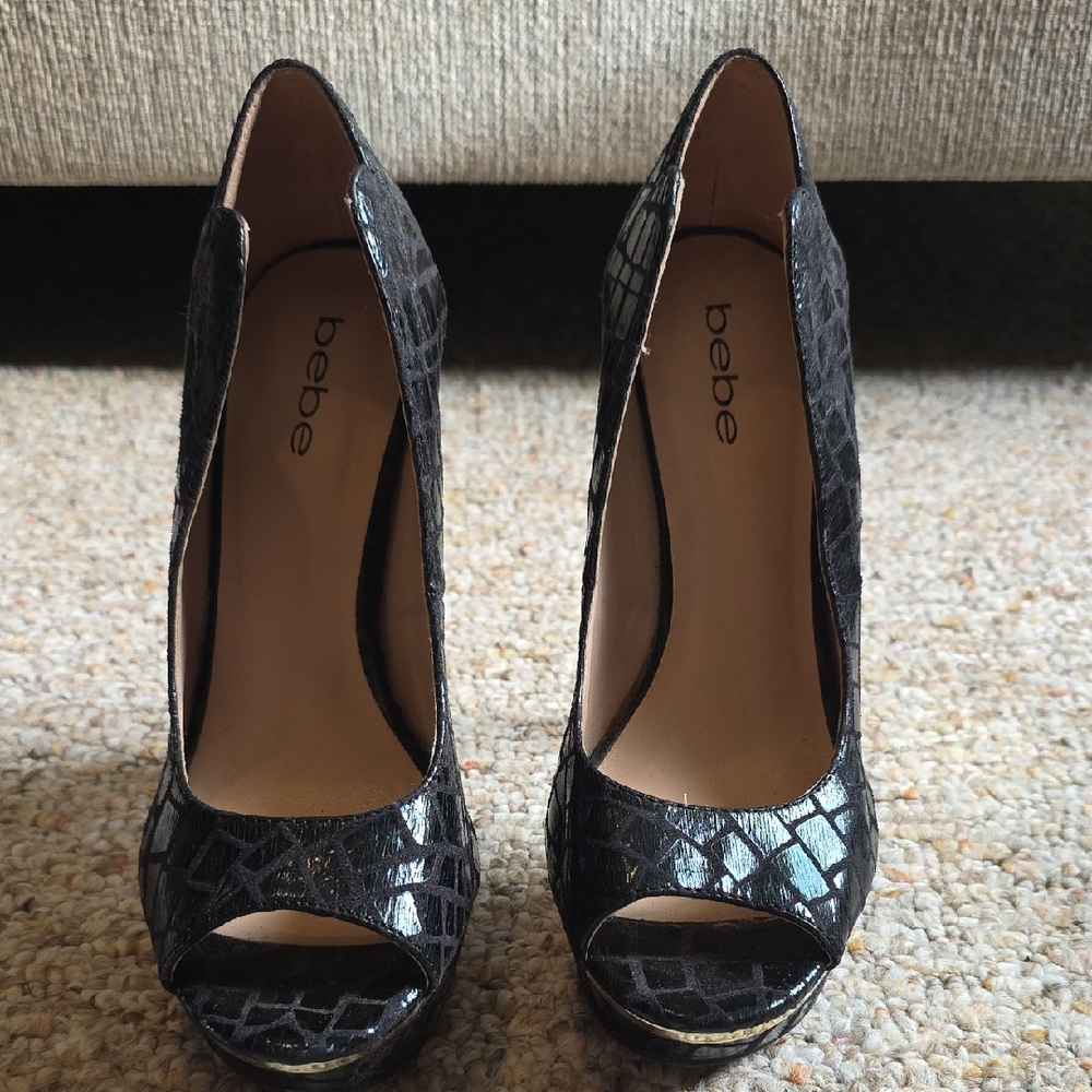 Bebe Textured Black Peep-Toe Heels